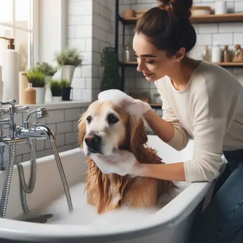 شستن و تمیز کردن پنجه‌ها، آرنج‌ها، پشت و زیر گوش‌ها و زیر دم‌ در حمام کردن سگ در زمستان - پت شاپ حامی پت