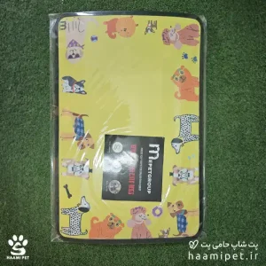 خرید مت زیرانداز ظرف آب و غذا سگ و گربه طرح سگ زمینه زرد از پت شاپ آنلاین حامی پت