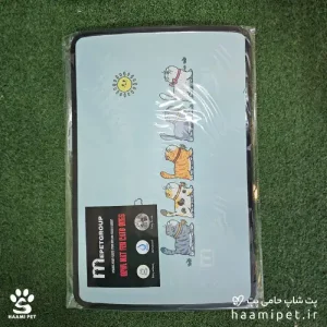 خرید مت زیرانداز ظرف آب و غذا سگ و گربه طرح گربه ای زمینه آبی روشن از پت شاپ آنلاین حامی پت