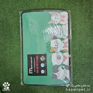 خرید مت زیرانداز ظرف آب و غذا طرح گربه ای زمینه سبز از پت شاپ آنلاین حامی پت