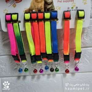 خرید قلاده گردنی گربه مدل رنگین کمانی زنگوله دار از پت شاپ گربه حامی پت