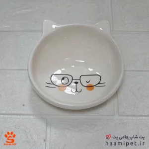 ظرف آب و غذا سگ و گربه سرامیکی بدون پایه طرح گربه عینکی