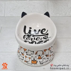 ظرف آب و غذا سگ و گربه سرامیکی پایه دار طرح LOVE DOGS