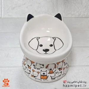 ظرف آب و غذا سگ و گربه سرامیکی پایه دار طرح صورت سگ