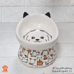 ظرف آب و غذا سگ و گربه سرامیکی پایه دار طرح صورت سگ پشمالو