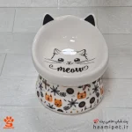 ظرف آب و غذا سگ و گربه سرامیکی پایه دار طرح صورت گربه