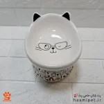 ظرف آب و غذا سگ و گربه سرامیکی پایه دار طرح صورت گربه عینکی