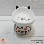 ظرف آب و غذا سگ و گربه سرامیکی پایه دار طرح صورت گربه عینکی - Image 5