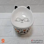 ظرف آب و غذا سگ و گربه سرامیکی پایه دار طرح گربه عینکی