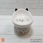 ظرف آب و غذا سگ و گربه سرامیکی پایه دار طرح گربه عینکی طرح اول