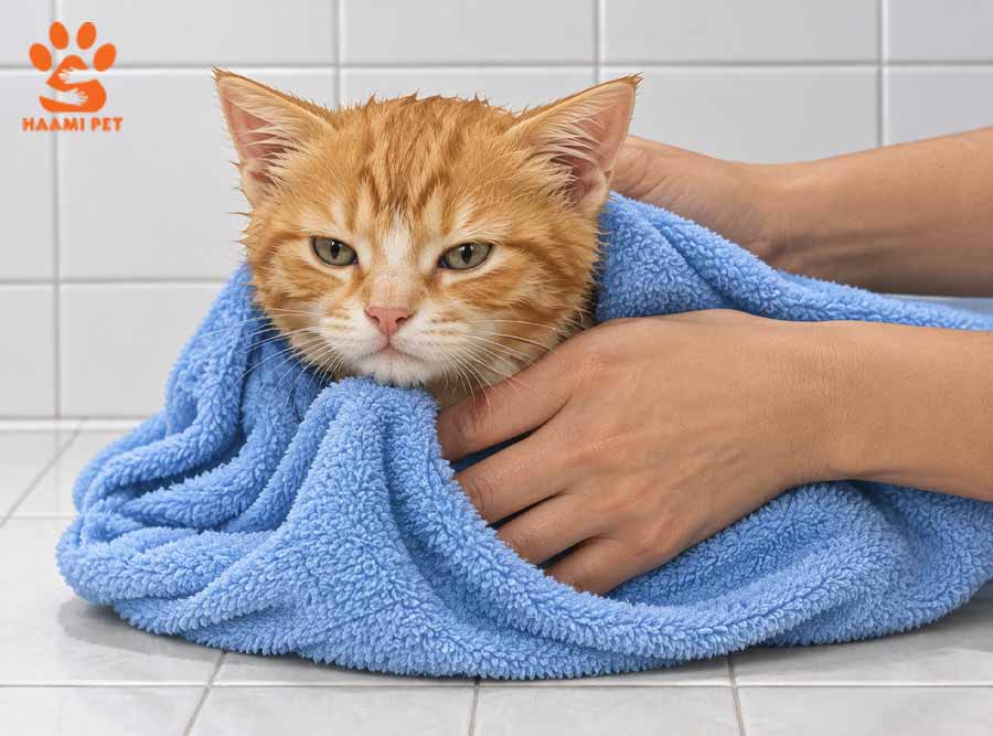 حمام کردن گربه - مرحله ۵: موهای گربه را با یک حوله نرم خشک کنید